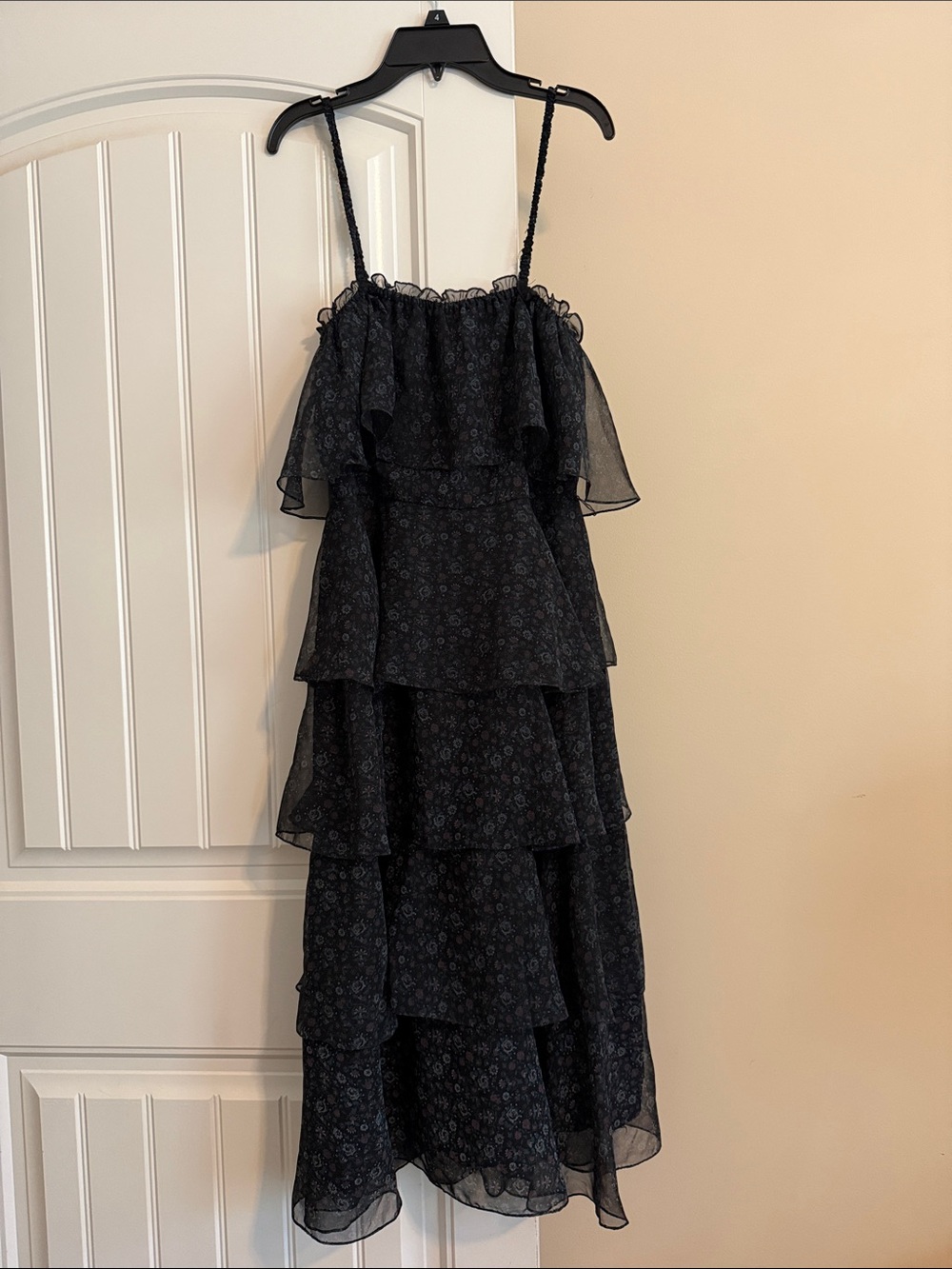 Navy Black Tiered Floral-Print Cottagecore Midi Dress with Ruffle Bodice 4